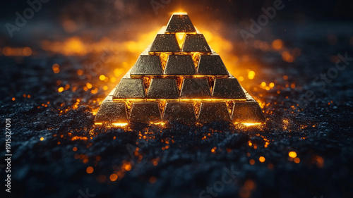 Gold bars stacked in a pyramid represent system, wealth and investment.