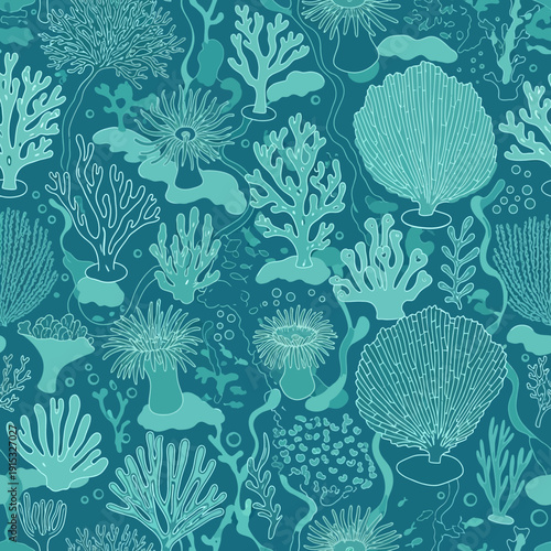Seamless underwater pattern of diverse coral reef flora and fauna in shades of teal and turquoise