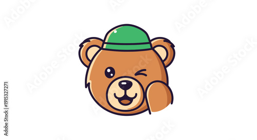 Cute Bear Head with Green Hat Waving Eye Patch