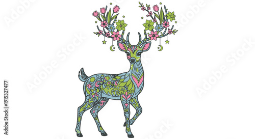 Colorful Floral Deer with Ornamental Antlers in Nature