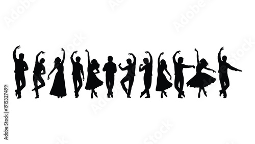 Silhouettes of people dancing in various styles and outfits isolated on white background, Vector