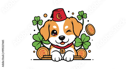 Cute Lucky Puppy with Shamrocks and Coins in St. Patrick Theme