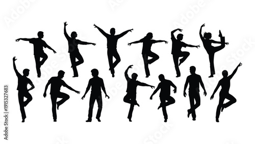 Silhouettes of dancers in various dynamic poses against a white background isolated on white background, Vector