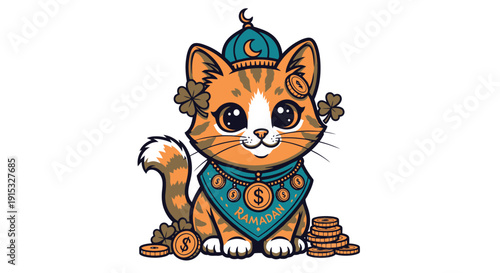 Ramadan Cat with Coins and Crescent Cap