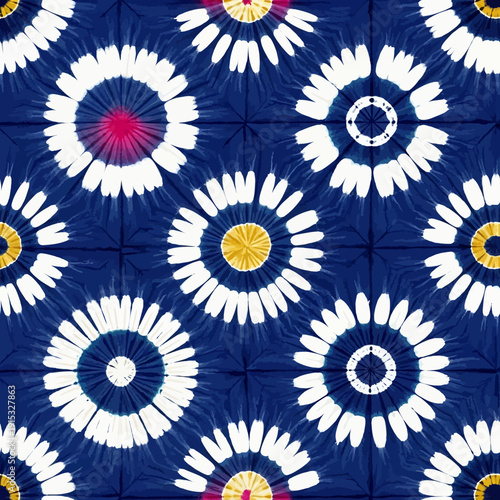 Vibrant Indigo Blue Fabric with Repeating White and Yellow Floral Shibori Patterns, A Captivating Textile Design