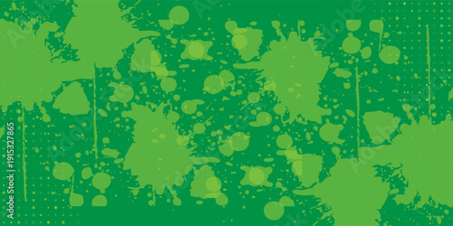 Abstract green background with bright lime paint splashes and splatters, layered ink stains, grunge texture.
