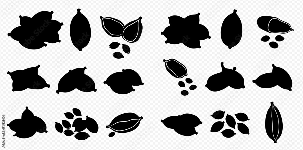 Fototapeta premium Cardamom pods and seeds in silhouette, a collection of spice elements for culinary and aromatic uses.