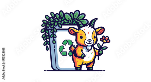 Cute lamb with recycling bin and plant
