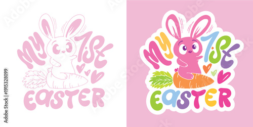 Happy Easter! Cute hand drawn doodle lettering quote about egg hunt. Lettering for t-shirt design, mug print, bag print, clothes fashion. 100% hand drawn vector image.