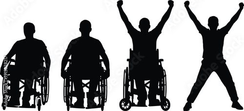 Diverse Silhouettes of Men in Wheelchairs and Standing, Celebrating Success, Inclusive Accessibility, Disability Rights, Triumph, Achievement, Empowerment, Equality, and Freedom,