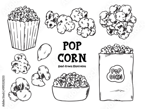 Set of hand drawn popcorn snack outline drawing vector illustration