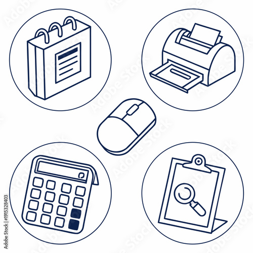 Office administration set with printer calculator clipboard and mouse