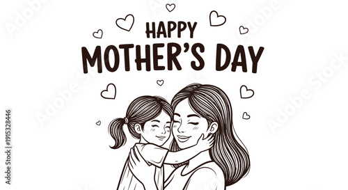 Vector illustration of a mother and daughter embracing with Happy Mother's Day text and heart decorations
