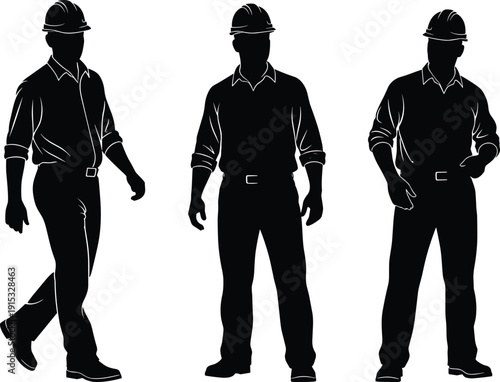 Black silhouette set of construction workers wearing hard hats and safety gear, featuring walking and standing poses for industrial projects.