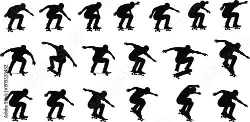 Comprehensive black silhouette collection of skateboarders performing various tricks, jumps, and stances, perfect for urban sports and extreme lifestyle design.