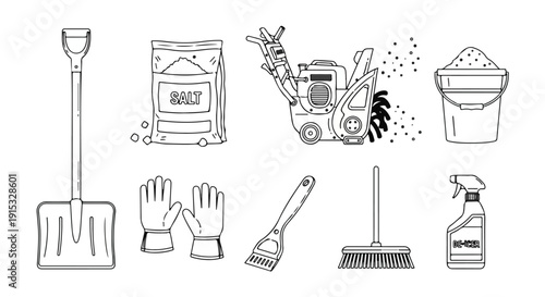 A variety of cleaning tools and supplies arranged in a row. Vector