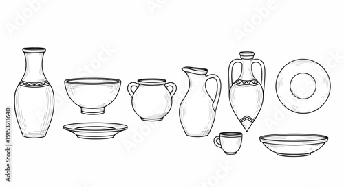 A variety of vintage glassware and ceramic pieces displayed in a row Vector