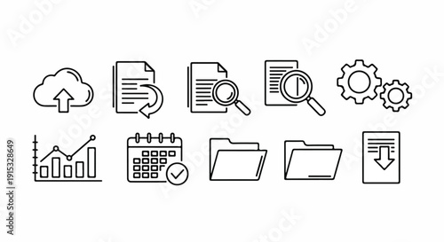 A collection of icons representing various aspects of data management and analysis. Vector
