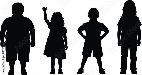 Silhouette of Diverse Children Standing in Different Poses, Group of Little Boys and Girls, Kids Vector Isolated on White Background