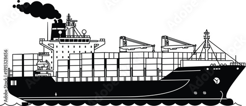 Large Cargo Container Ship Silhouette for Global Logistics, Maritime Freight Transport Illustration, Industrial Merchant Vessel Icon, Vector Ocean Trade Industry