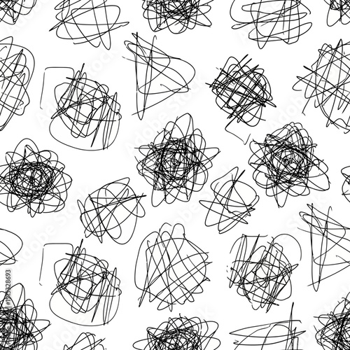 Chaotic hand-drawn black scribbles form an abstract and dynamic seamless pattern on a pristine white background, evoking a sense of raw artistic energy and spontaneity for modern design