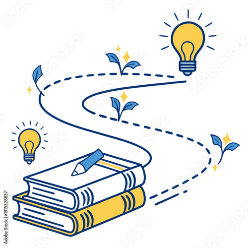 Stack of books with pencil and lightbulb on white background yellow