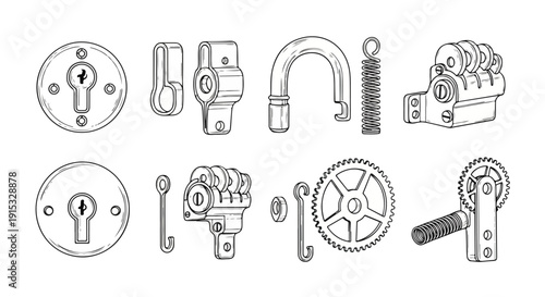 An assortment of various mechanical parts and components in a line-up Vector