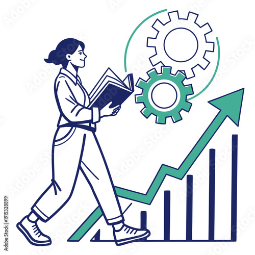 Woman walking with book and gears above graph with arrow