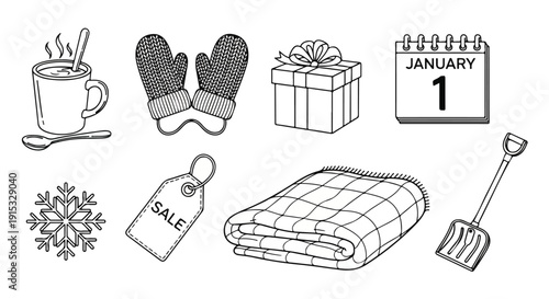 Winter items and holiday decorations for a cozy season Vector