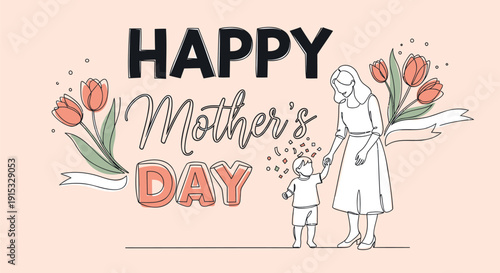 Mother's Day greeting card with illustration of woman and child holding flowers
