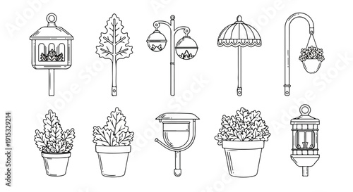 A collection of various hanging planters and bird feeders for outdoor use Vector