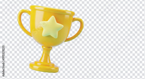 Yellow trophy with a star emblem, featuring two handles, angled slightly on a transparent checkered background. It conveys achievement and celebration.