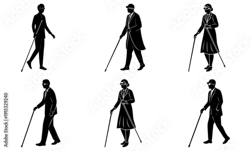 Illustration of people walking with canes in various attire and poses from a side view