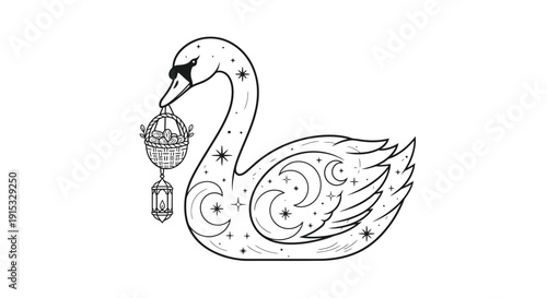 Elegant swan with hanging lanterns and starry pattern