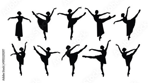 A collection of ballerinas in various poses captured in a black and white silhouette. isolated on white background, Vector