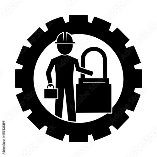 Worker in a hard hat holding a toolbox and pointing to a large padlock within a gear icon