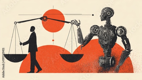 Robot and Human Balancing Scales, Symbolizing AI and Justice, Technology vs Humanity, Ethics and Law Concept