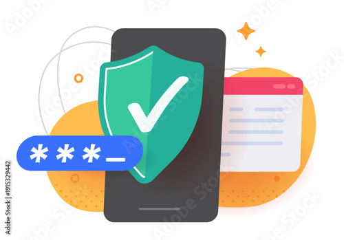 Two factor authentication 2FA mobile phone security concept with shield icon and secure login interface vector modern graphic design, password otp sms code protection website tech on smartphone