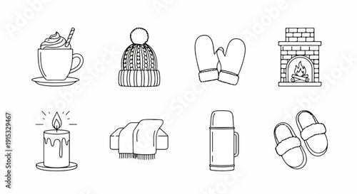 A collection of winter-themed illustrations featuring cozy items and activities Vector