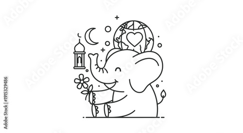Elephant with Lantern and Flowers in Dreamy Night Scene