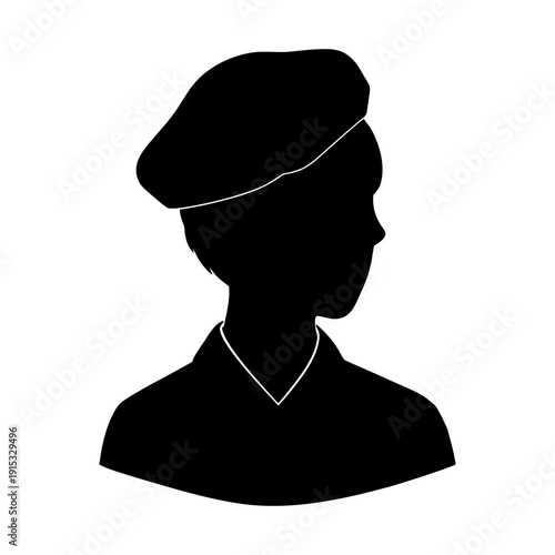 Silhouette of a person wearing a beret viewed from the side in a minimalist illustration
