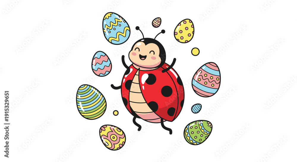 Naklejka premium Ladybug with colorful Easter eggs around it