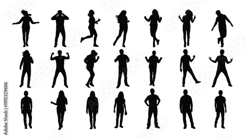 Diverse silhouettes of people in various dynamic poses and activities isolated on white background, Vector