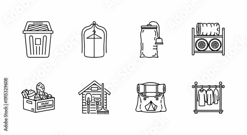 A collection of various household and outdoor items depicted in a minimalist line art style Vector