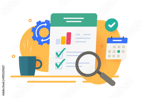 Financial business report audit research icon vector, sales statistics data document analysis modern graphic design, corporate tax investigation review assessment, drawn inspection strategy results
