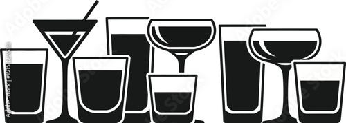 Cocktail, barware, martini glasses, coupe glasses, and highball glasses. 