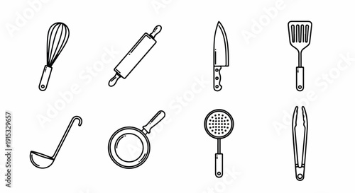 A collection of various kitchen utensils and tools used for cooking and baking Vector