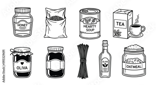 A variety of food items and condiments displayed in jars and containers Vector