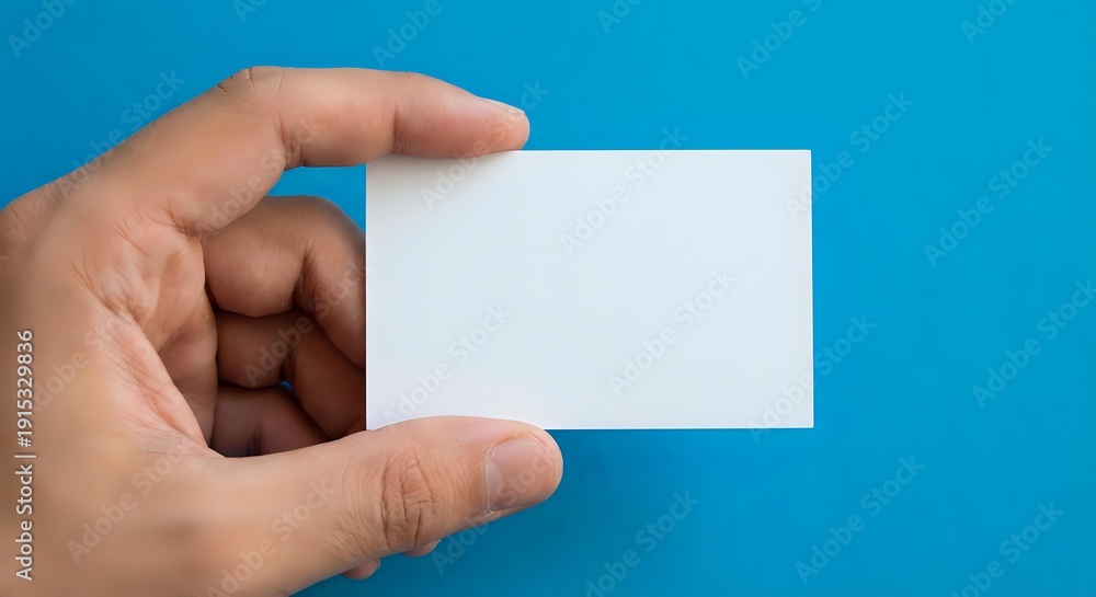 Fototapeta premium Hand holding blank white business card on blue background for mockup design and branding presentation.