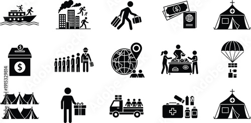 Refugee Crisis and Humanitarian Aid Icon Vector Set Showing Migration, Displacement, Relief Camps, Donations, Evacuation, and Emergency Support Symbols